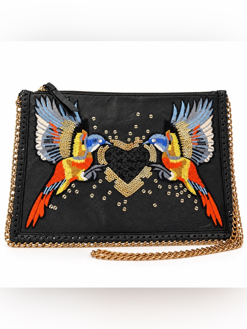 Topshop Black Crossbody Bag with Embroidered Colorful Birds